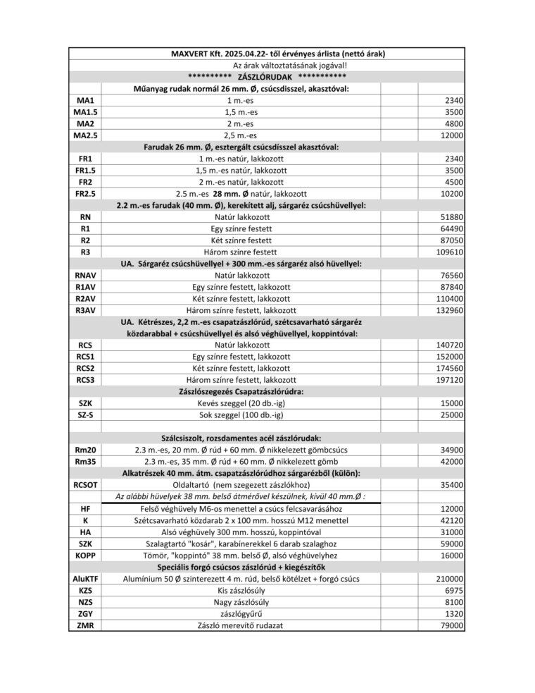 MAXVERT Kft. Érvényes árlista a zászlórudakhoz, kiegészítőkhöz.